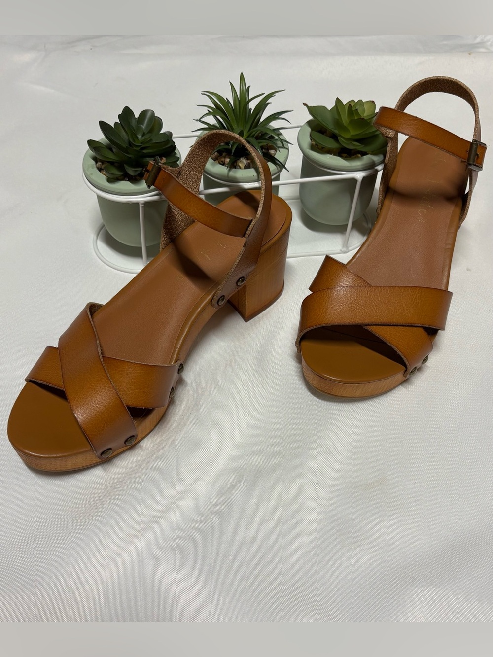 Altar’d State Cognac Leather Block Heel Sandals